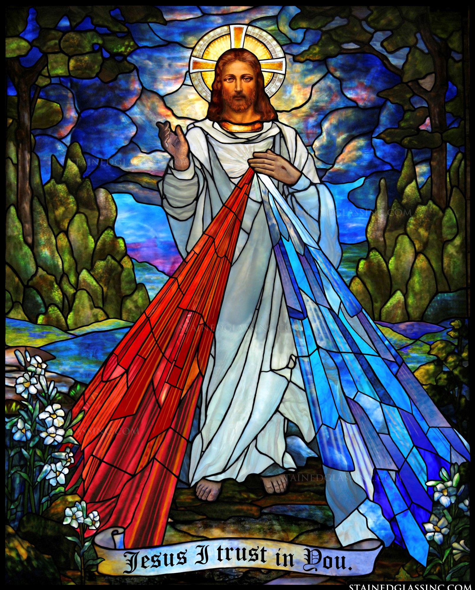 "In Christ and Divine Mercy" Religious Stained Glass Window