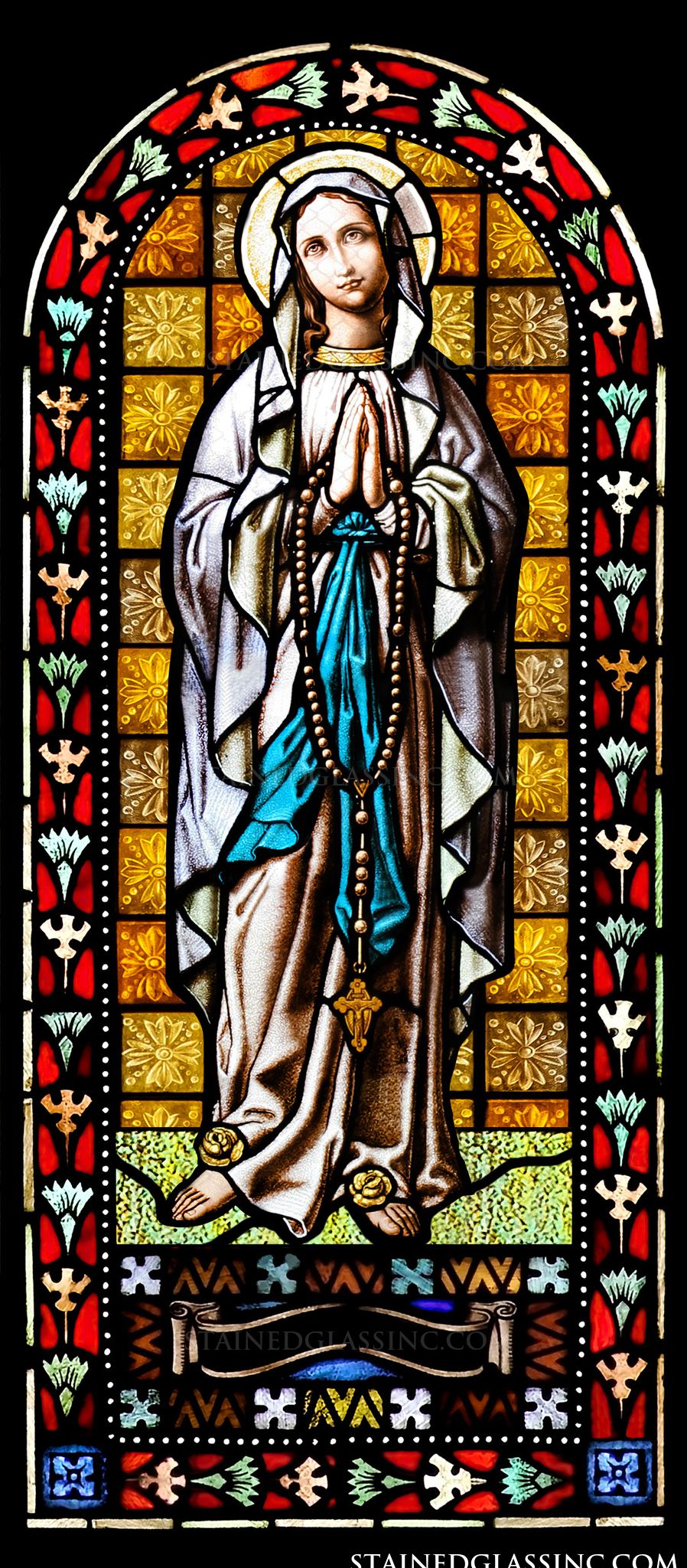 "Virgin Mary With Rosary" Religious Stained Glass Window