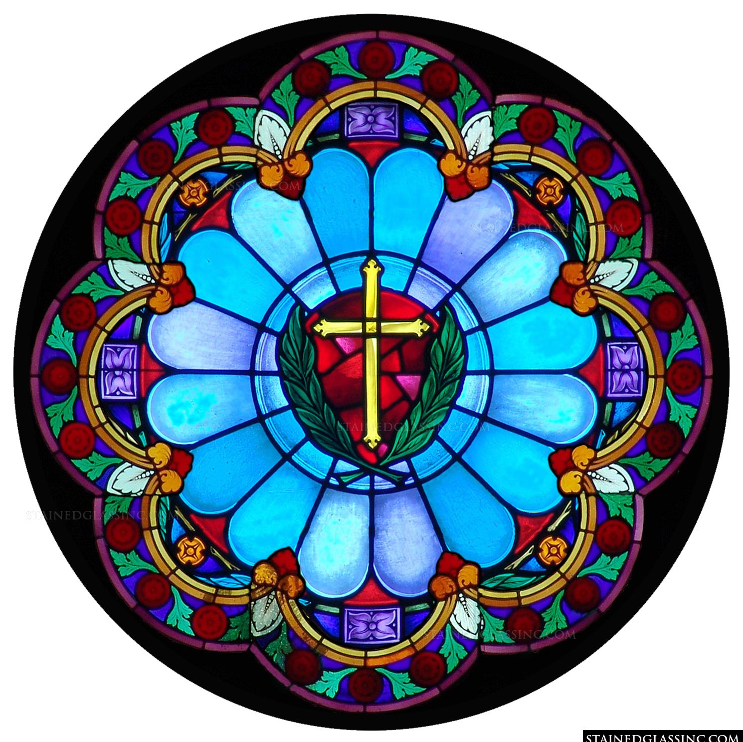 "Golden Cross" Religious Stained Glass Window
