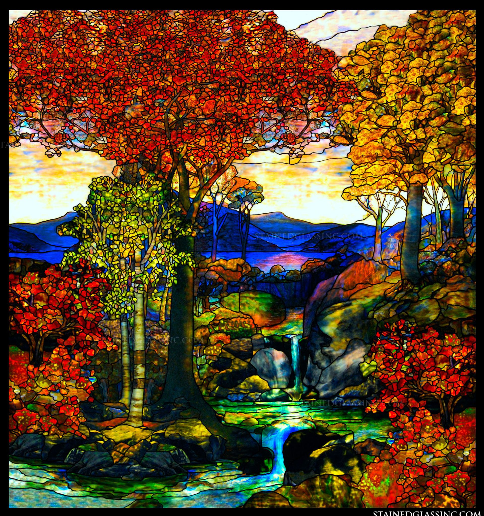 "Tiffany Fall Landscape" Stained Glass Window