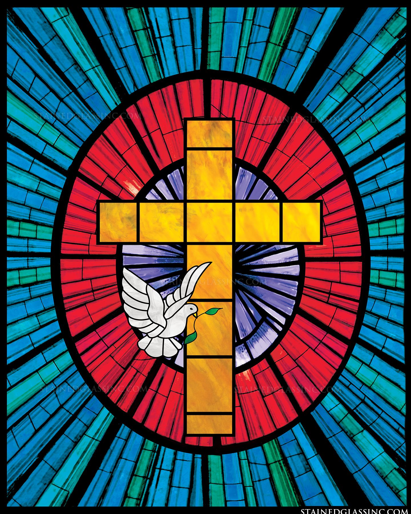 Stained glass cross with dove of peace - www.glwec.in