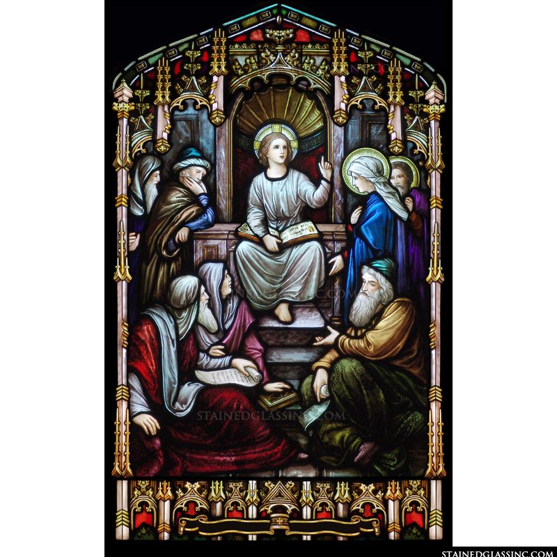 This cathedral style stained glass window insert depicts the boy Jesus in the Temple. 