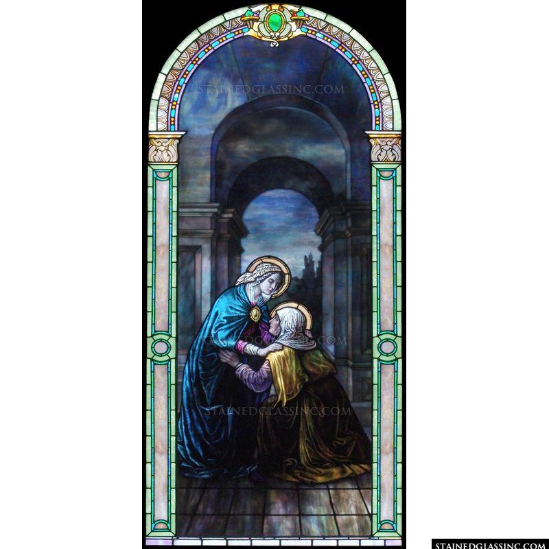 The Visitation is pictured in stained glass. 