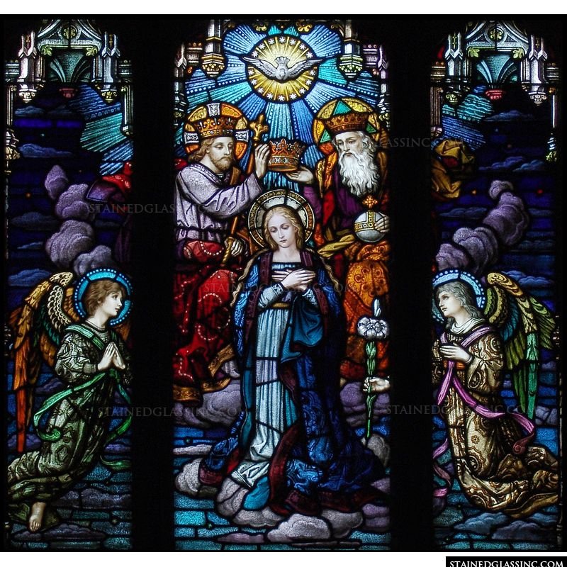 The crowning of Mary in stained glass. 