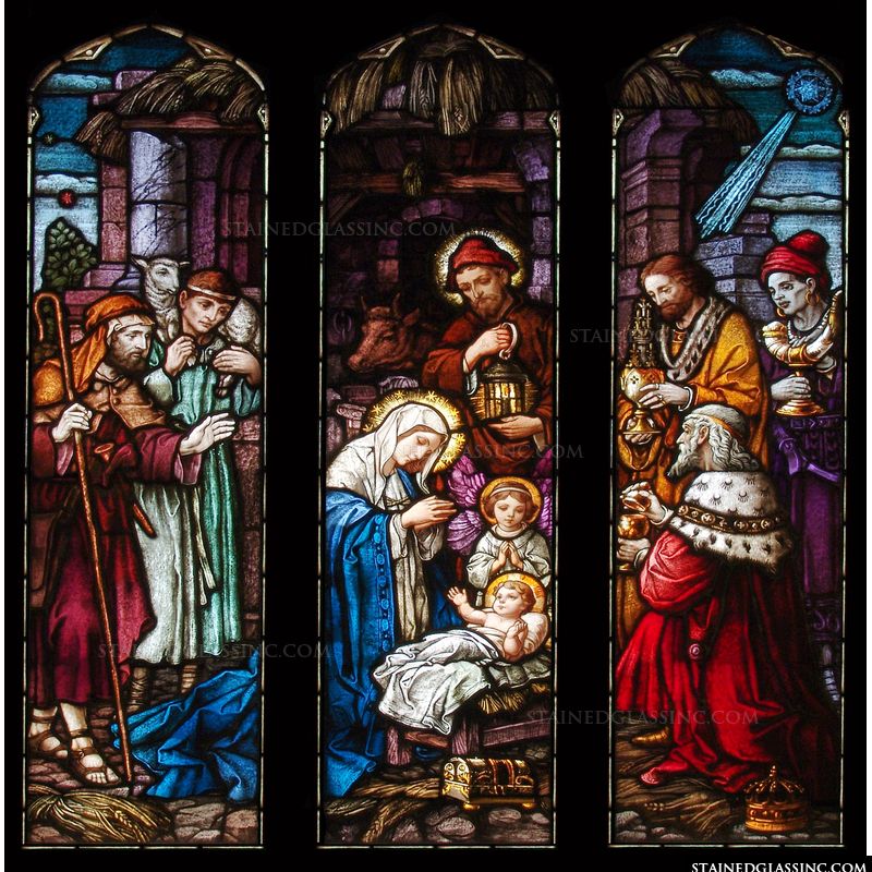 The Nativity Scene in stained glass. 