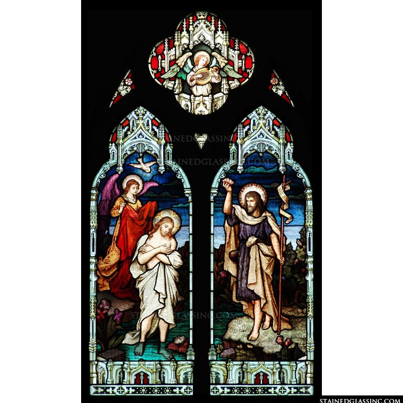 A Gothic stained glass window depicting the baptism of Jesus. 