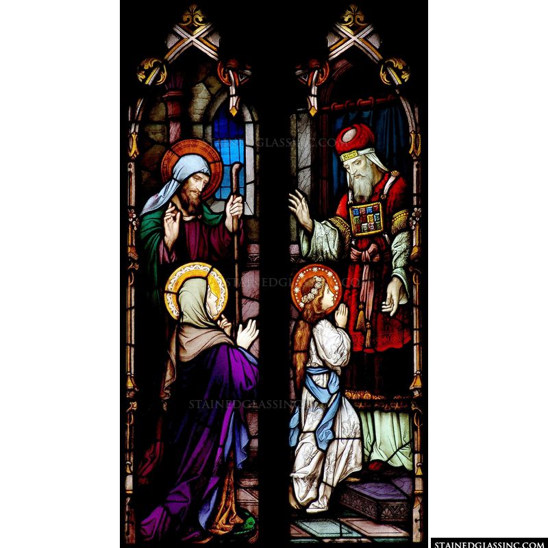 This stained glass window panel illustrates Mary being presented at the Temple. 