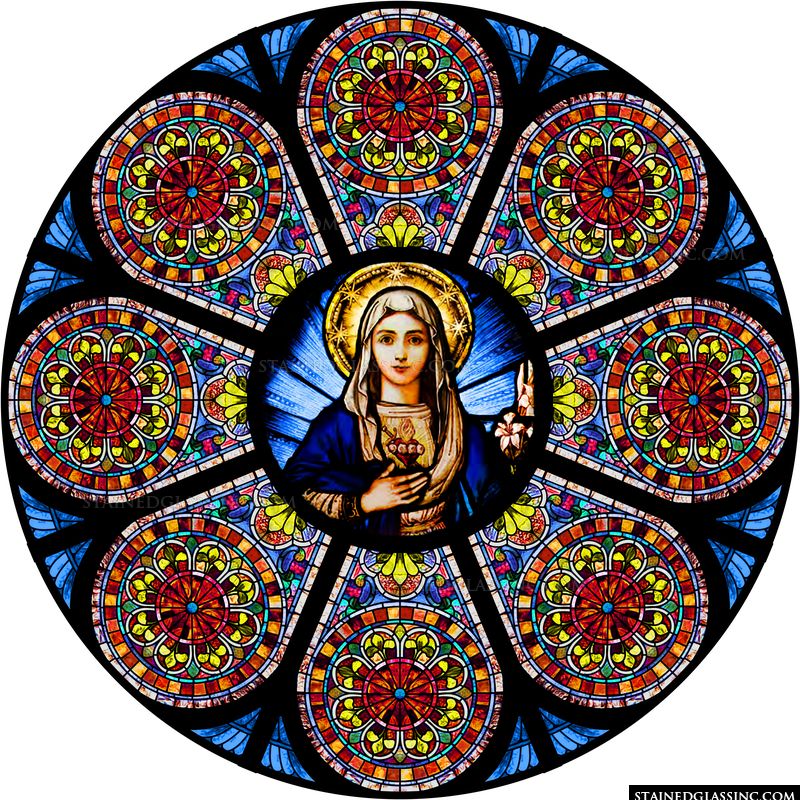 “Immaculate Heart of Mary Rose Window” Religious Stained Glass Window