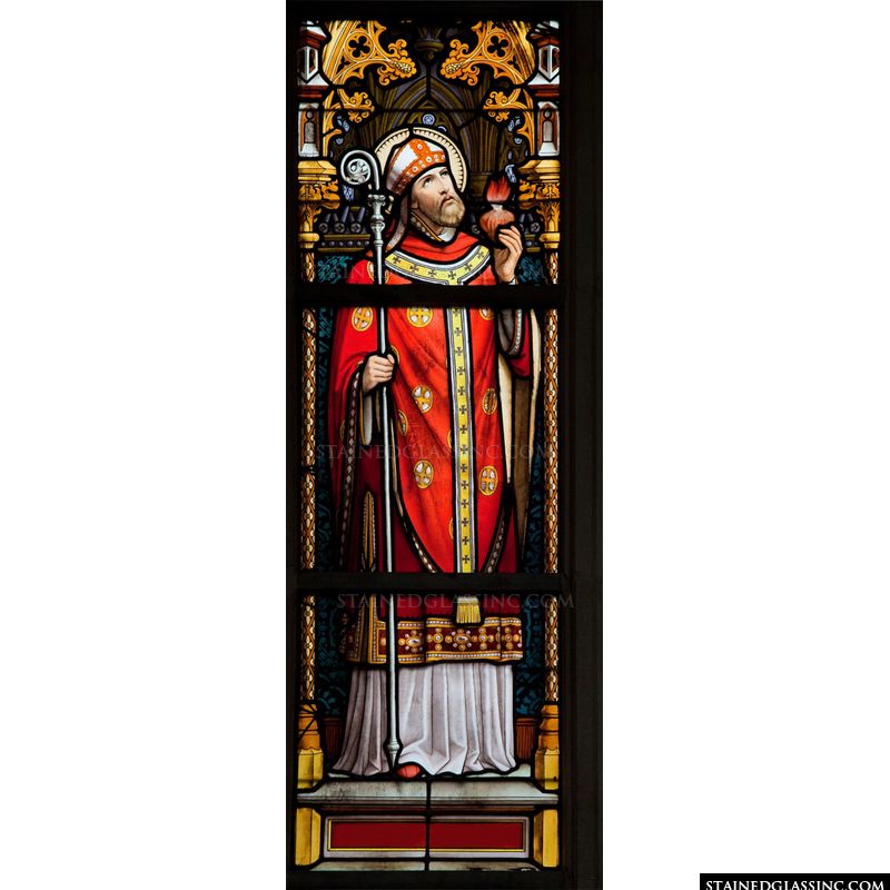 Bishop, crozier, red vestments, mitre, pastoral artwork stained glass, gothic,