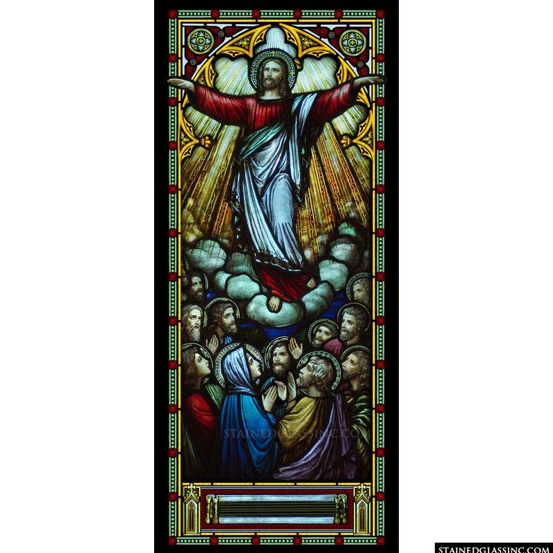 Christ is pictured ascending in stained glass. 