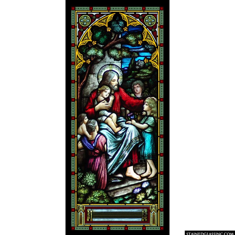 This stained glass image features Jesus blessing the little children. 