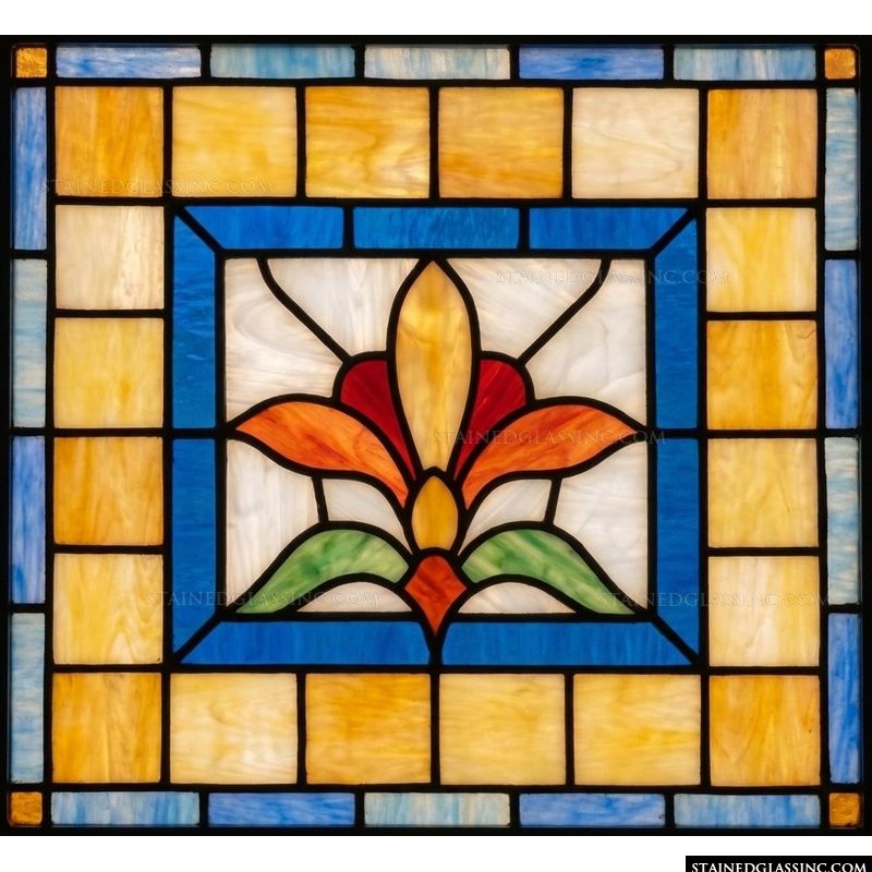 Stylized Floral Medallion in Amber and Cobalt