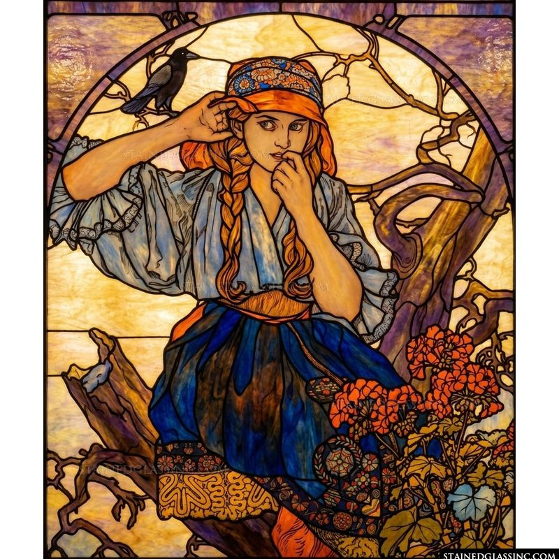 Young Woman with Raven and Geraniums