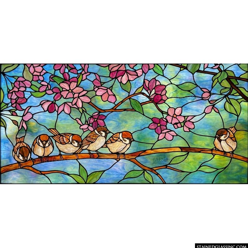 Sparrows on a Cherry Blossom Branch