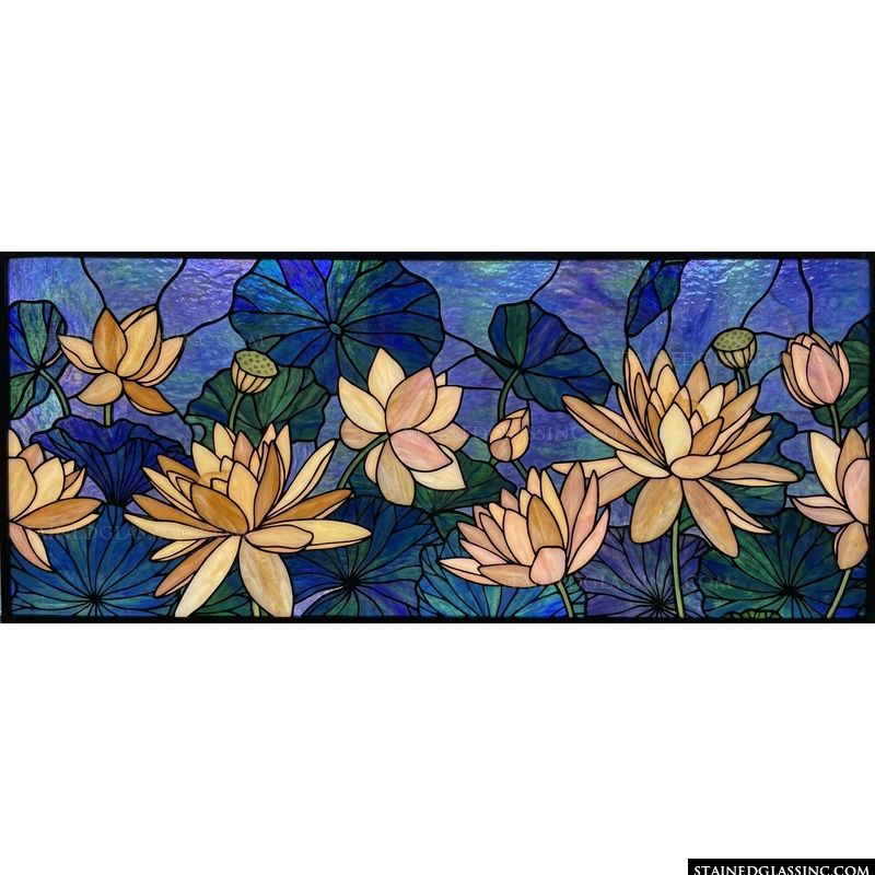 Golden Lotus Blooms on Deep Blue Water