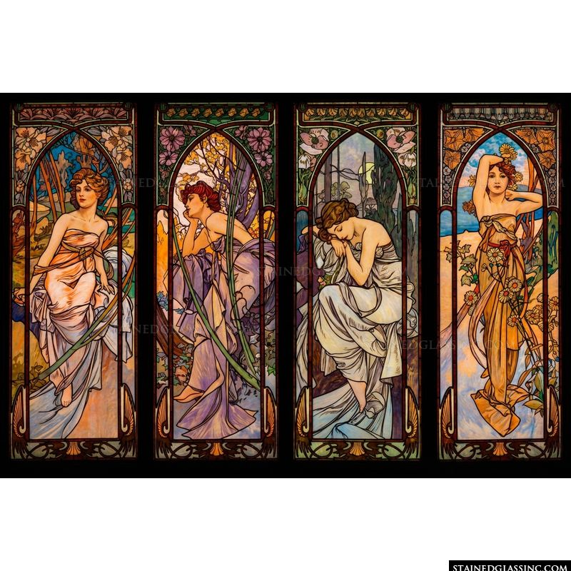 Four Seasons Art Nouveau Stained Glass Panels