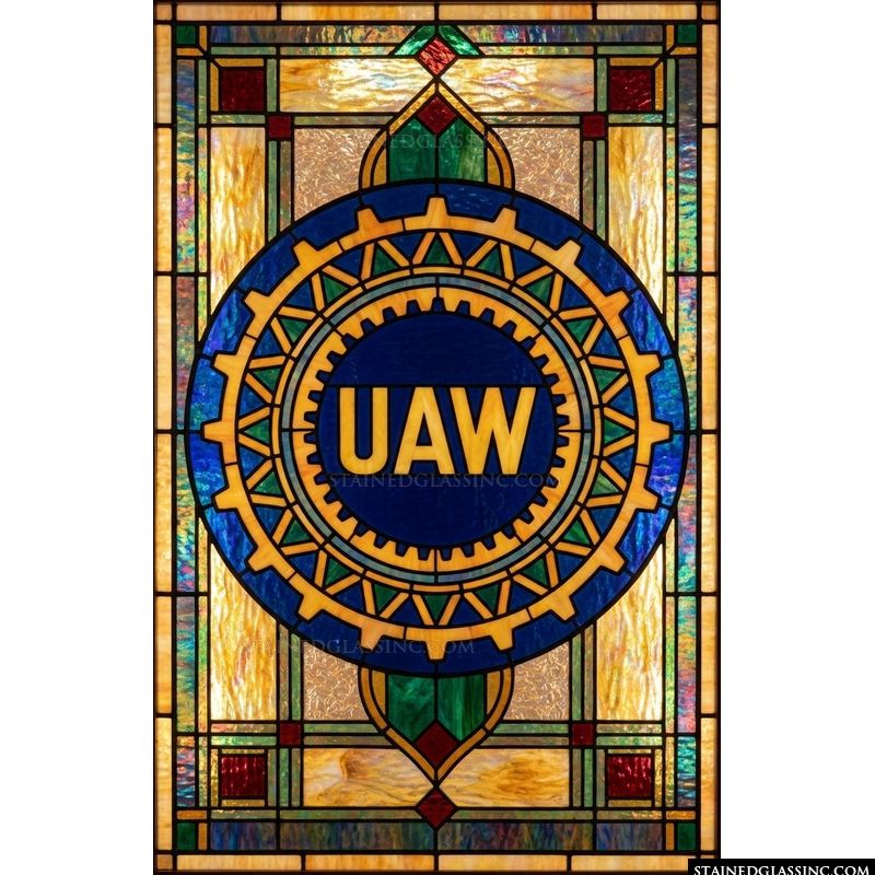 UAW Emblem in Gear and Geometric Border