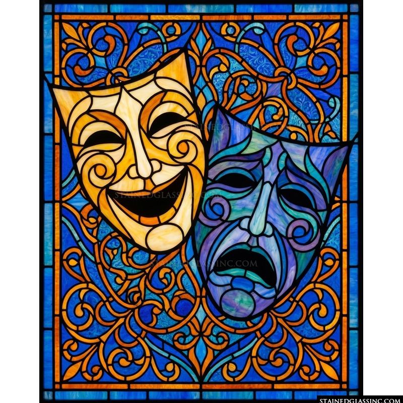 Comedy and Tragedy Masks in Blue and Gold
