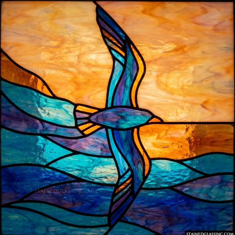 Seabird in Flight over Ocean Sunset