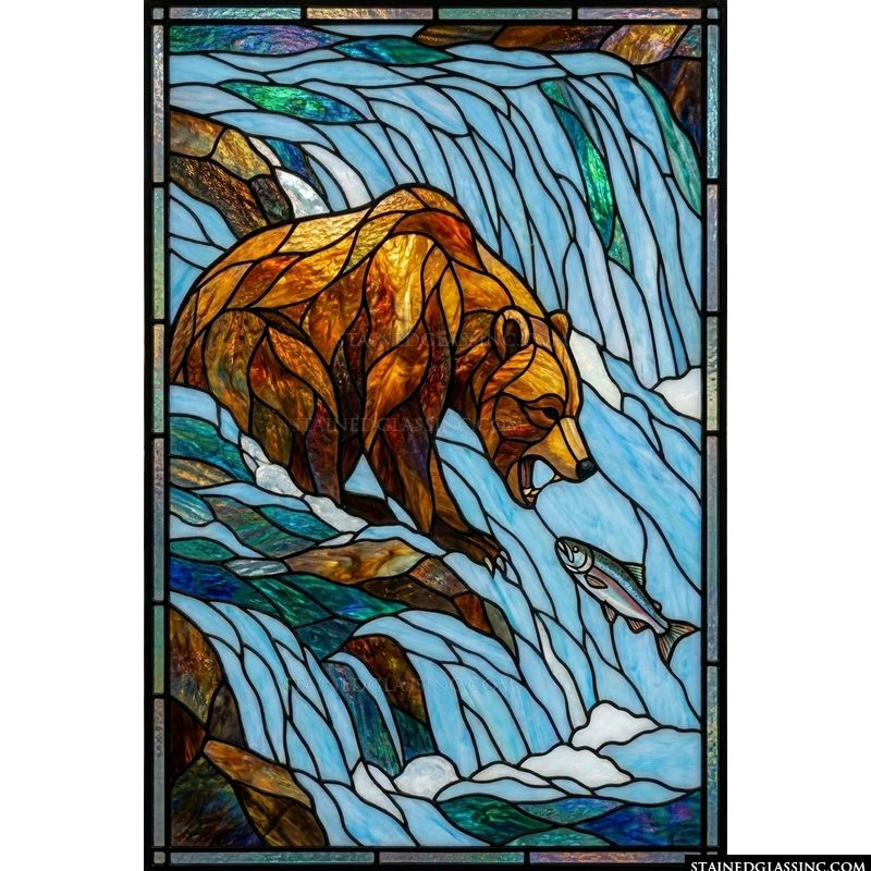 Grizzly Bear Catching Salmon in Rushing River