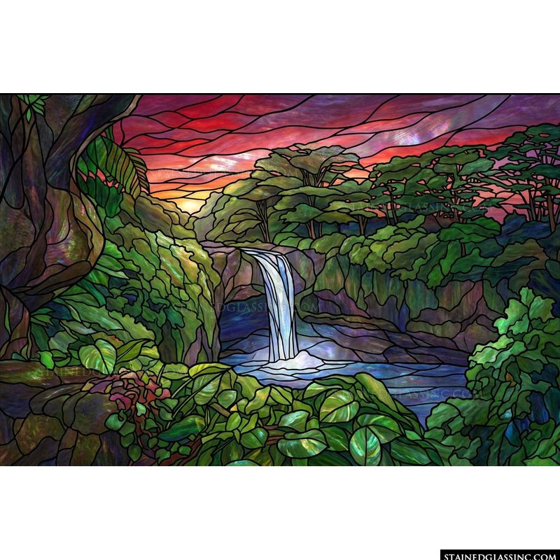 Tropical Waterfall at Sunset