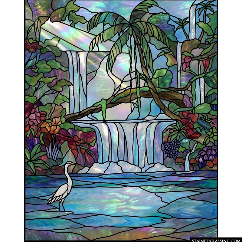 Egret in Tropical Waterfall Oasis