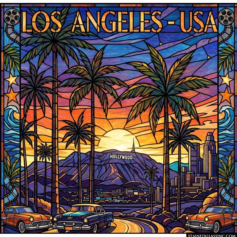 Los Angeles Sunset Skyline with Palm Trees
