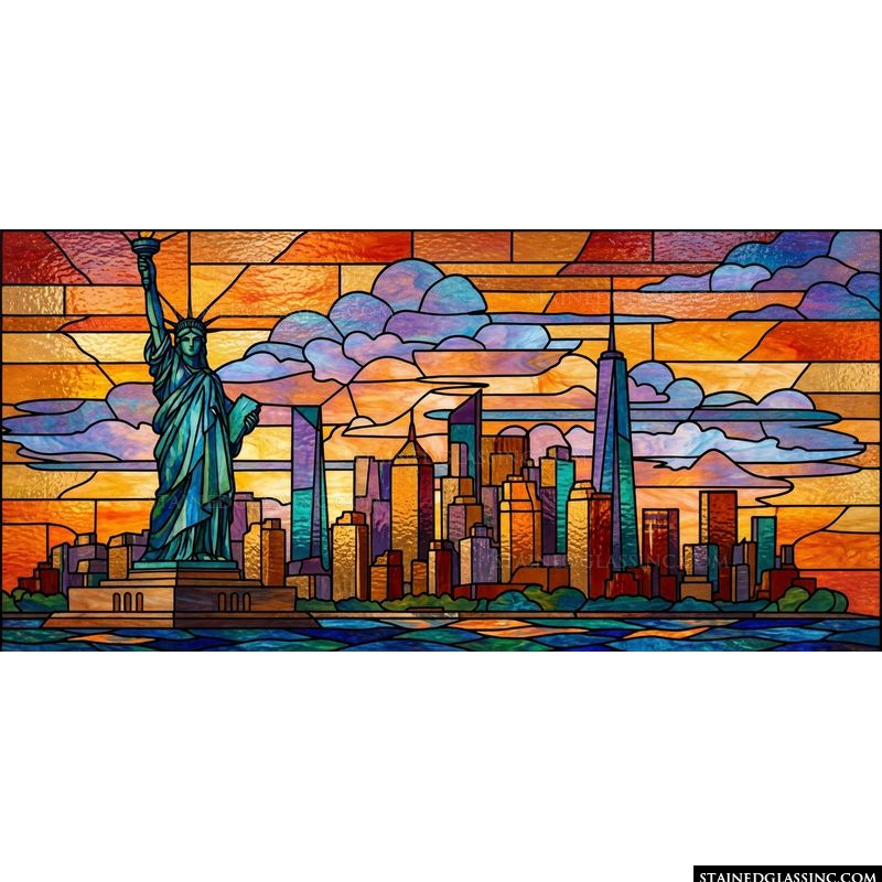 Statue of Liberty and New York Skyline at Sunset