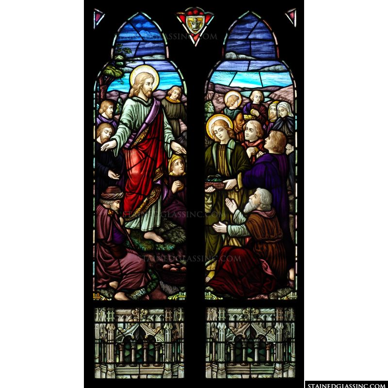 Jesus and followers are pictured in stained glass. 