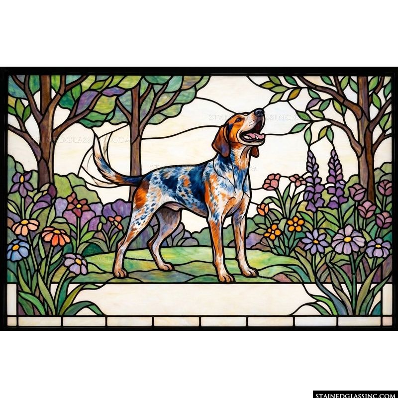 Blue Ticked Coonhound in a Spring Garden