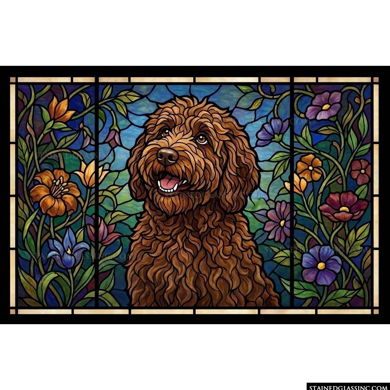 Happy Goldendoodle in Floral Garden