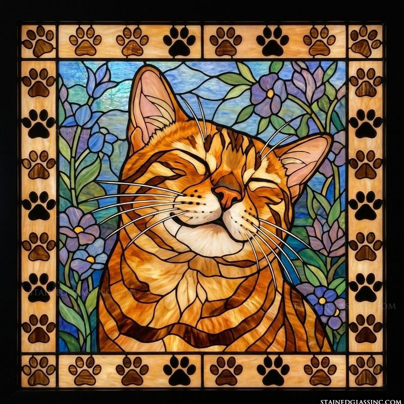 Content Orange Tabby Cat with Paw Print Border