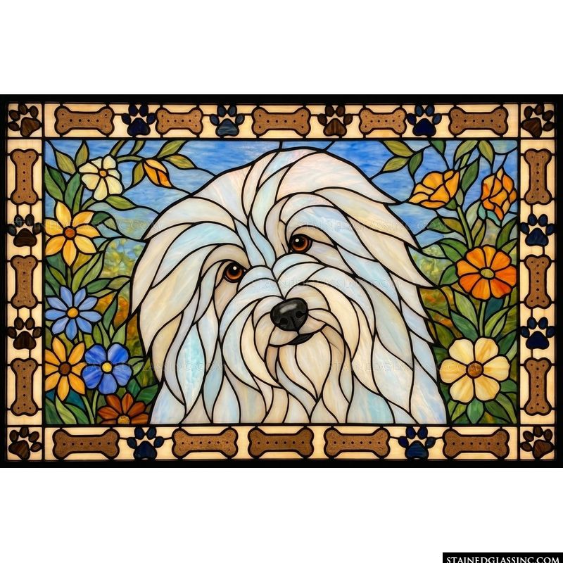 Fluffy White Dog in a Floral Garden