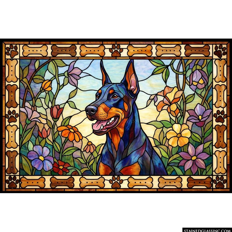 Doberman in a Floral Garden