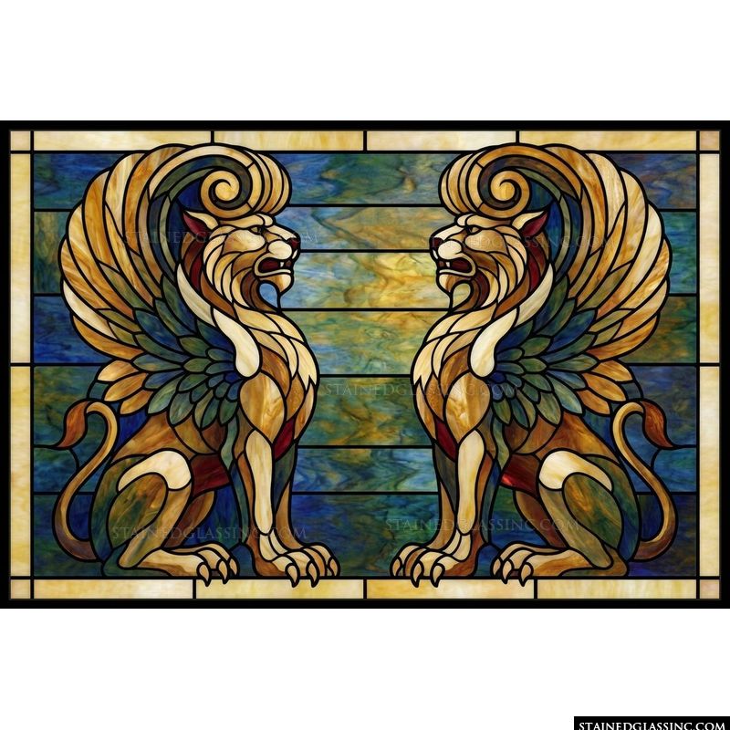 Heraldic Winged Lions in Amber and Azure