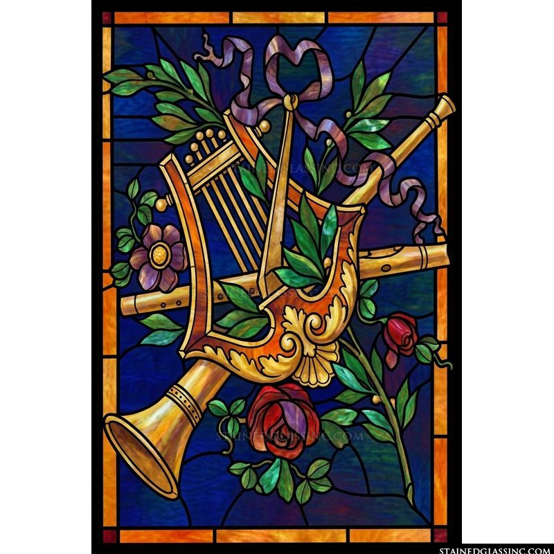 Classical Lyre and Horn with Floral Garland