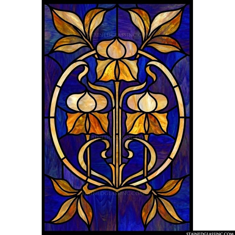 Art Nouveau Floral Medallion in Cobalt and Amber