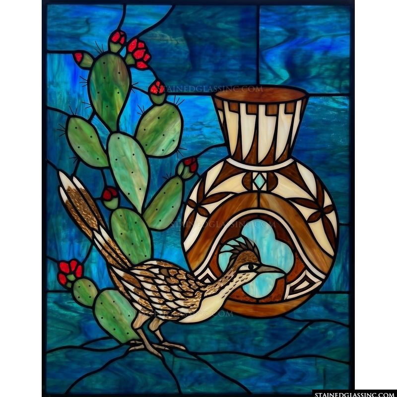 Roadrunner and Cactus with Southwestern Pottery