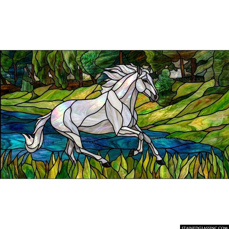 White Stallion Galloping by the River