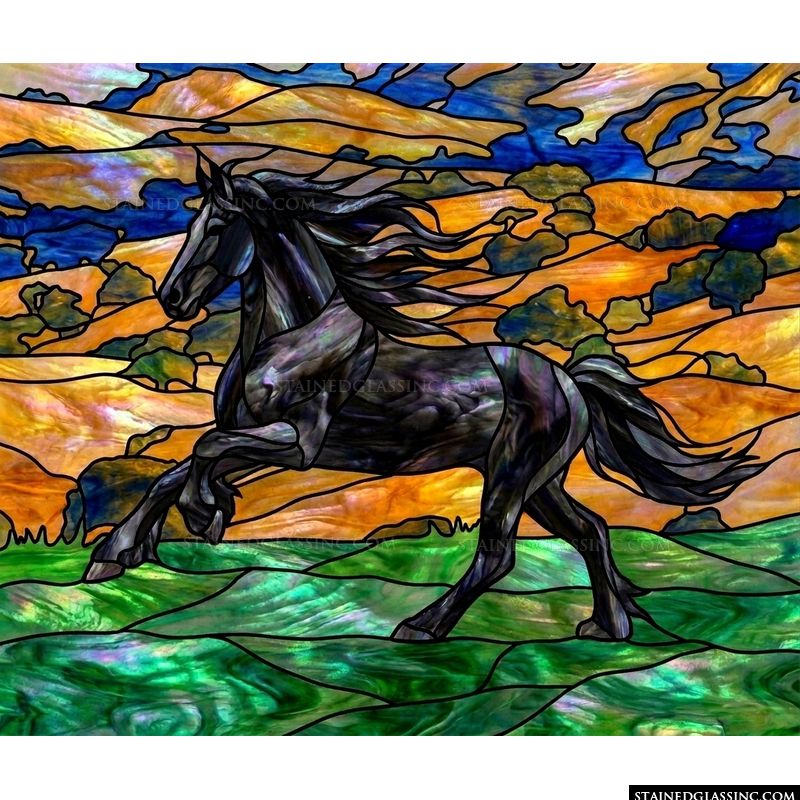 Galloping Black Stallion in Vibrant Field