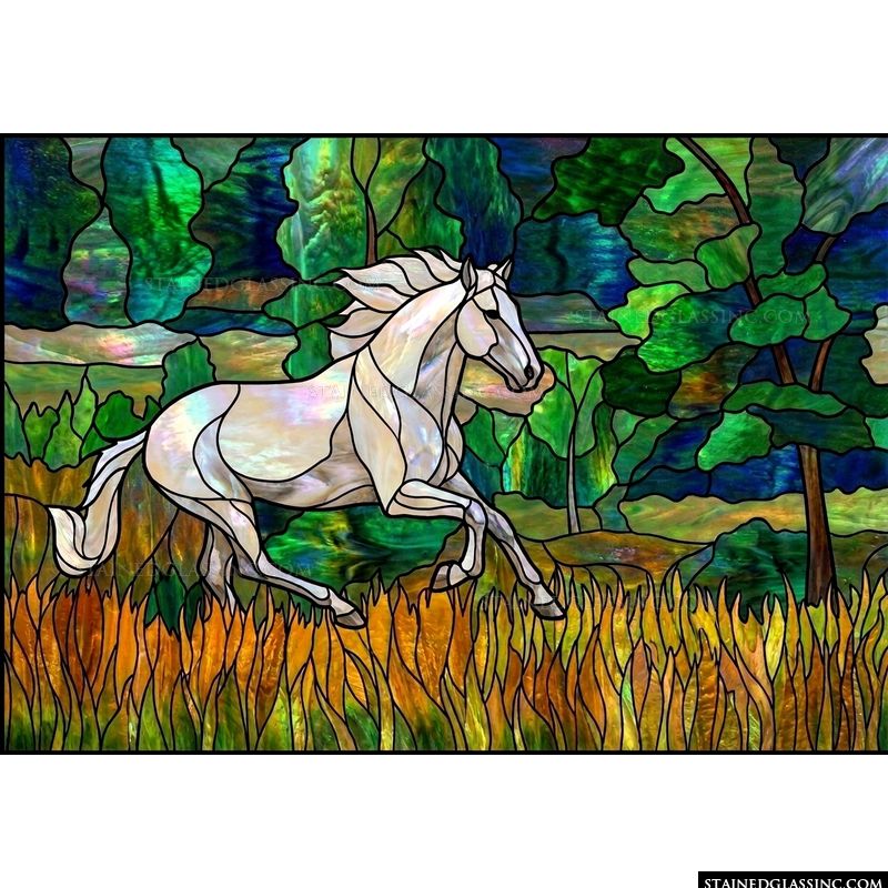 Galloping White Horse in Woodland Meadow