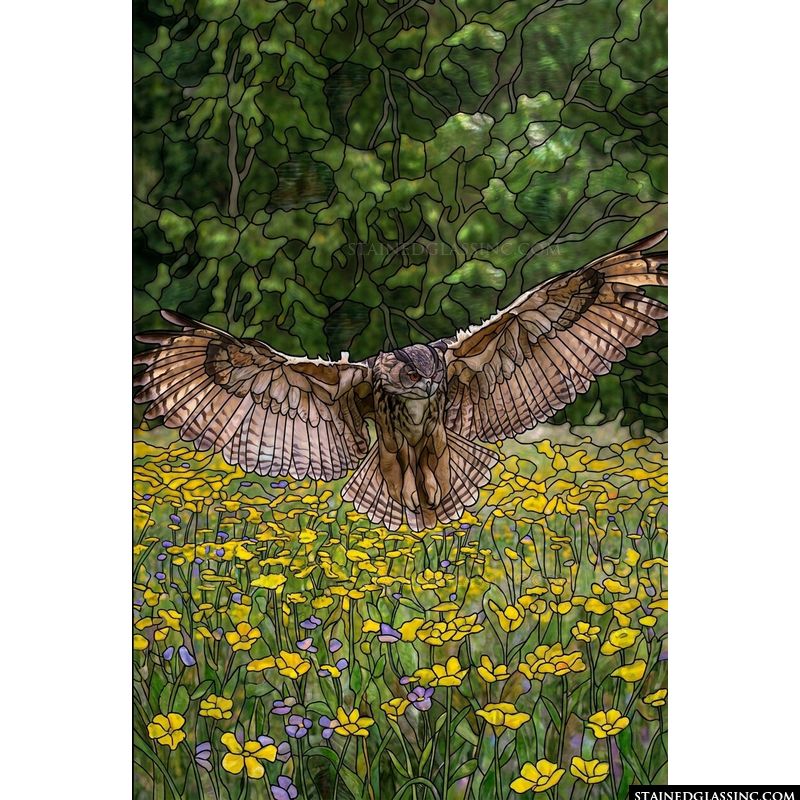 Great Horned Owl in Flight over Wildflowers