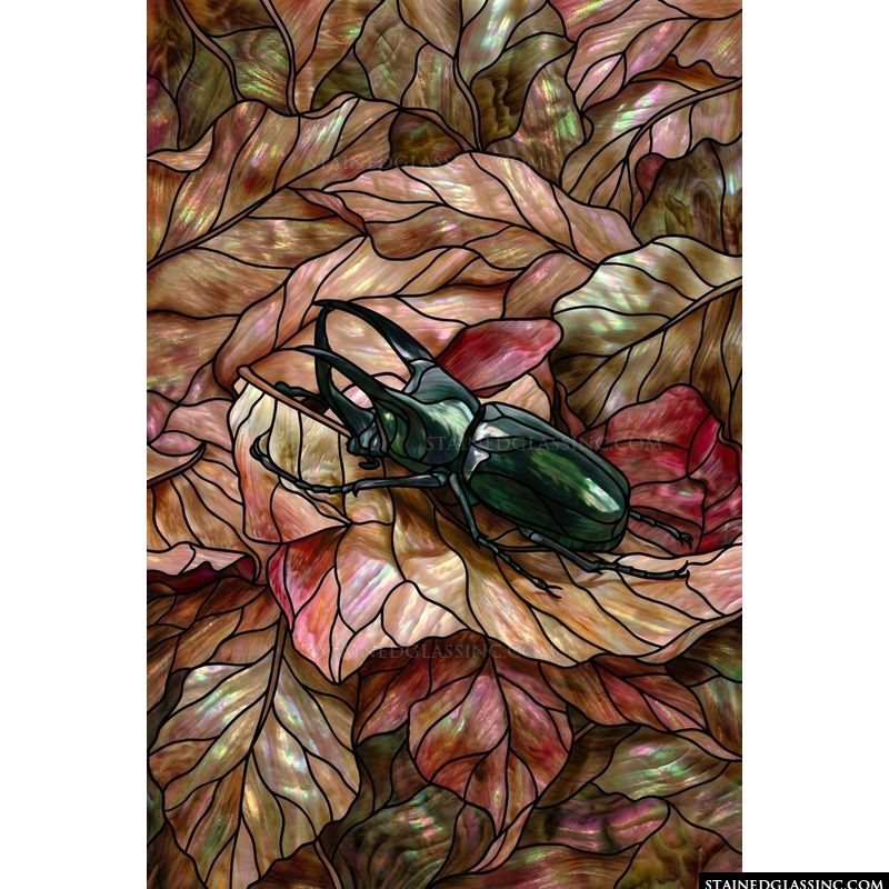 Iridescent Hercules Beetle on Autumn Leaves