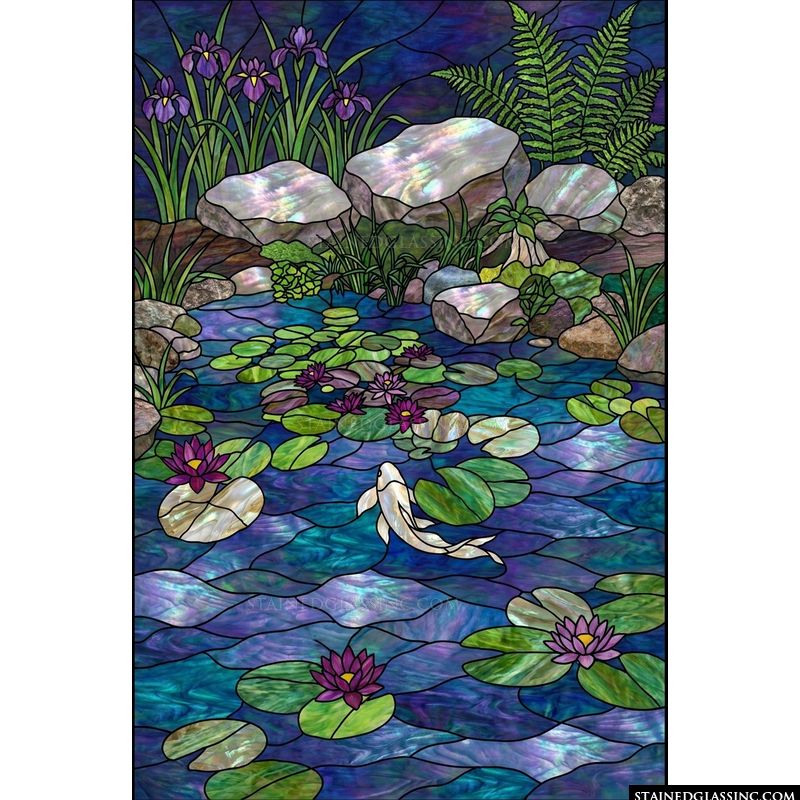 Koi Pond with Irises and Water Lilies