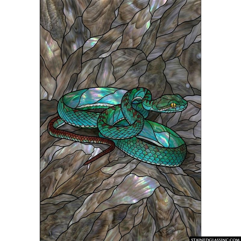 Vibrant Emerald Serpent on Mother-of-Pearl