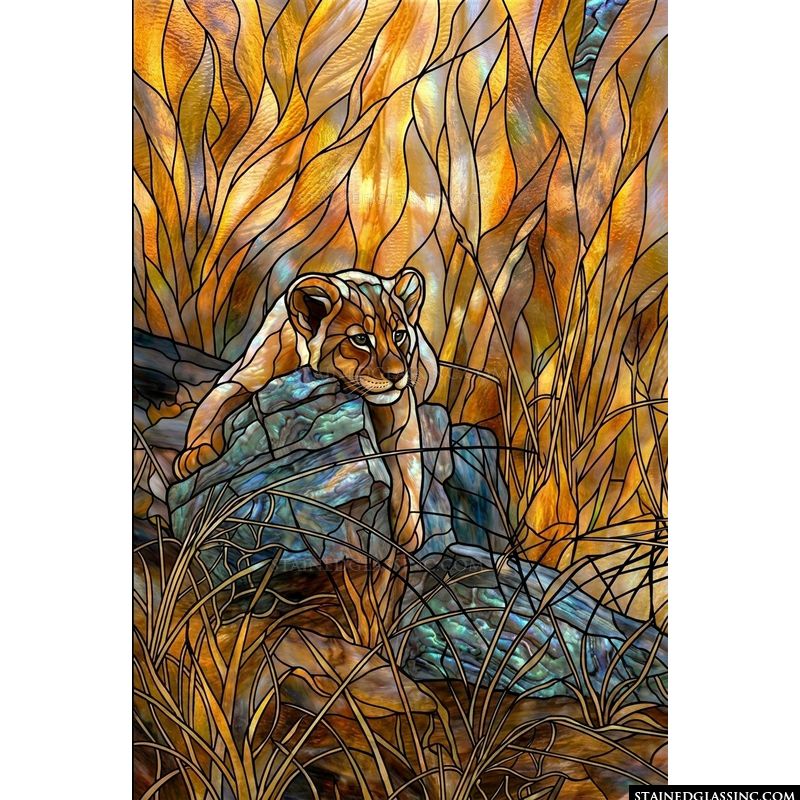 Lion Cub Resting in Tall Grass