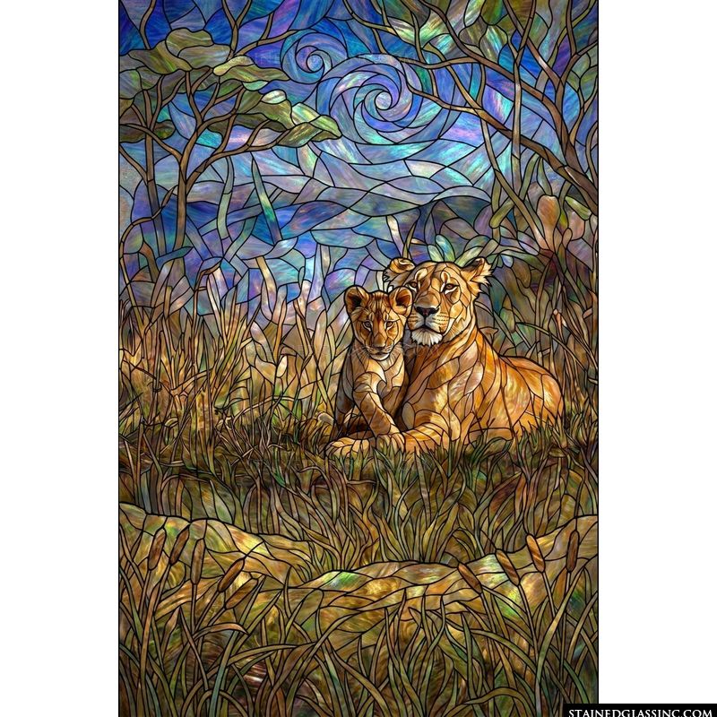 Lioness and Cub in Golden Grasses