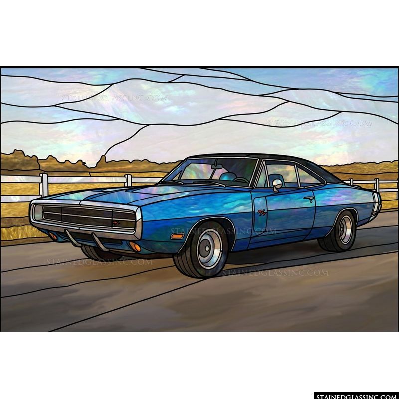 Classic Blue Muscle Car on the Open Road