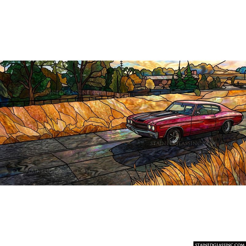 Classic Red Muscle Car at Sunset
