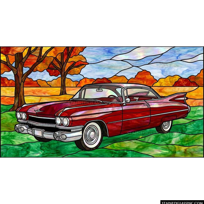 Classic Red Cadillac in Autumn Landscape
